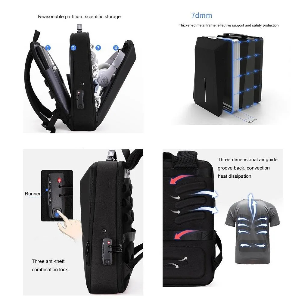 Anti-theft Hard Shell Backpack for Men with Alloy Frame - Blue